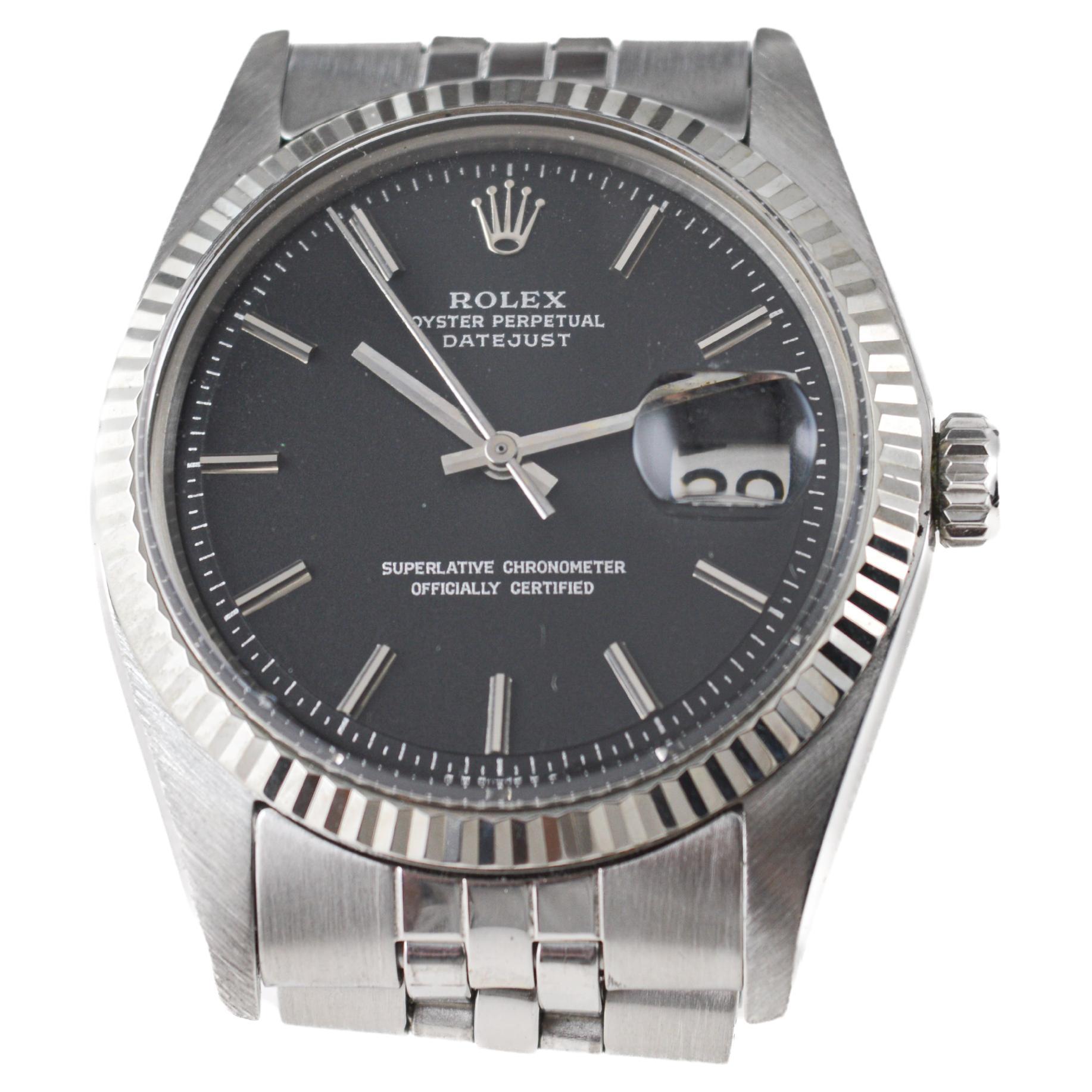 Rolex Stainless Steel Datejust with Rare Black Dial circa, 1970's 4