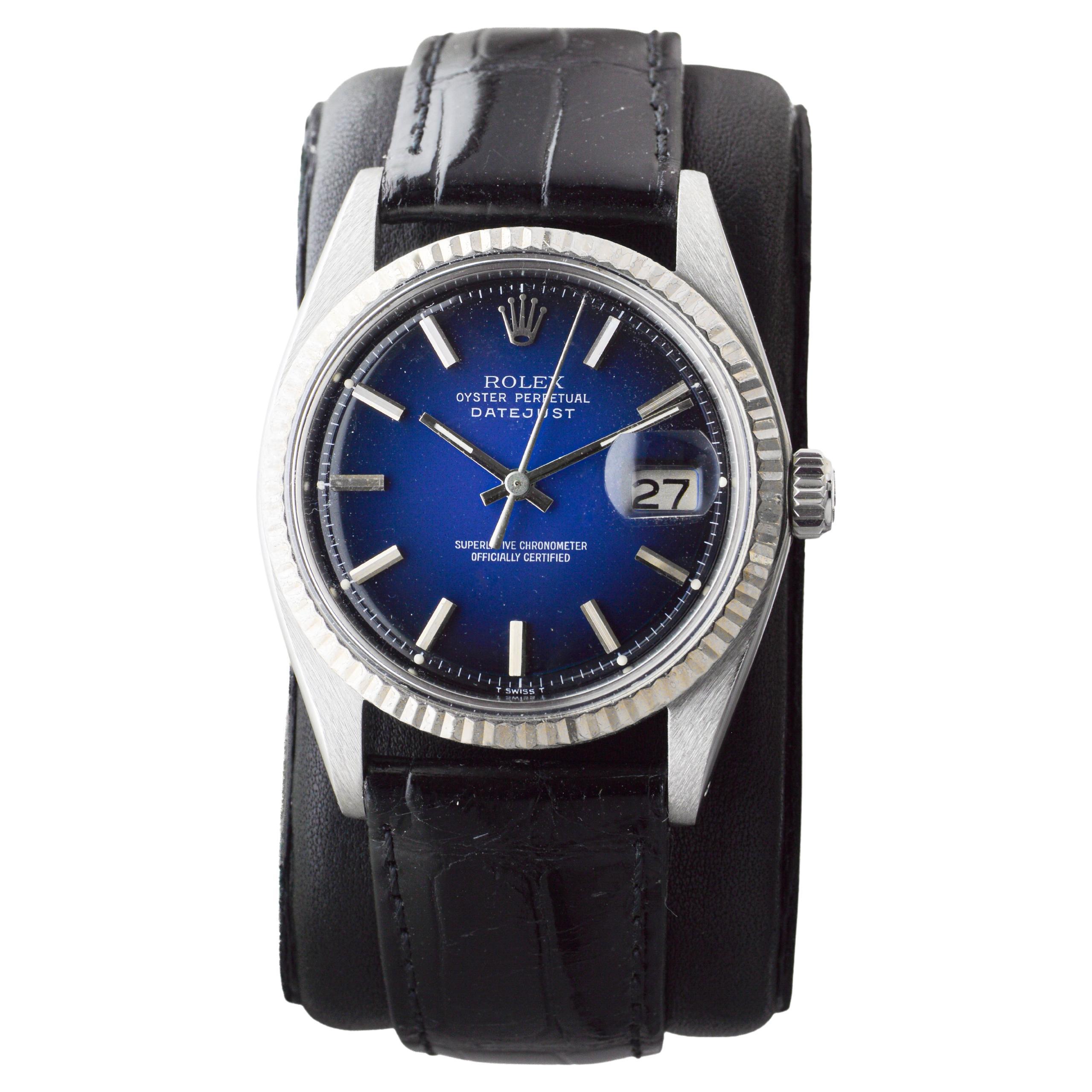 Rolex Stainless Steel Datejust With Rare Blue Vignette Dial circa 1970's