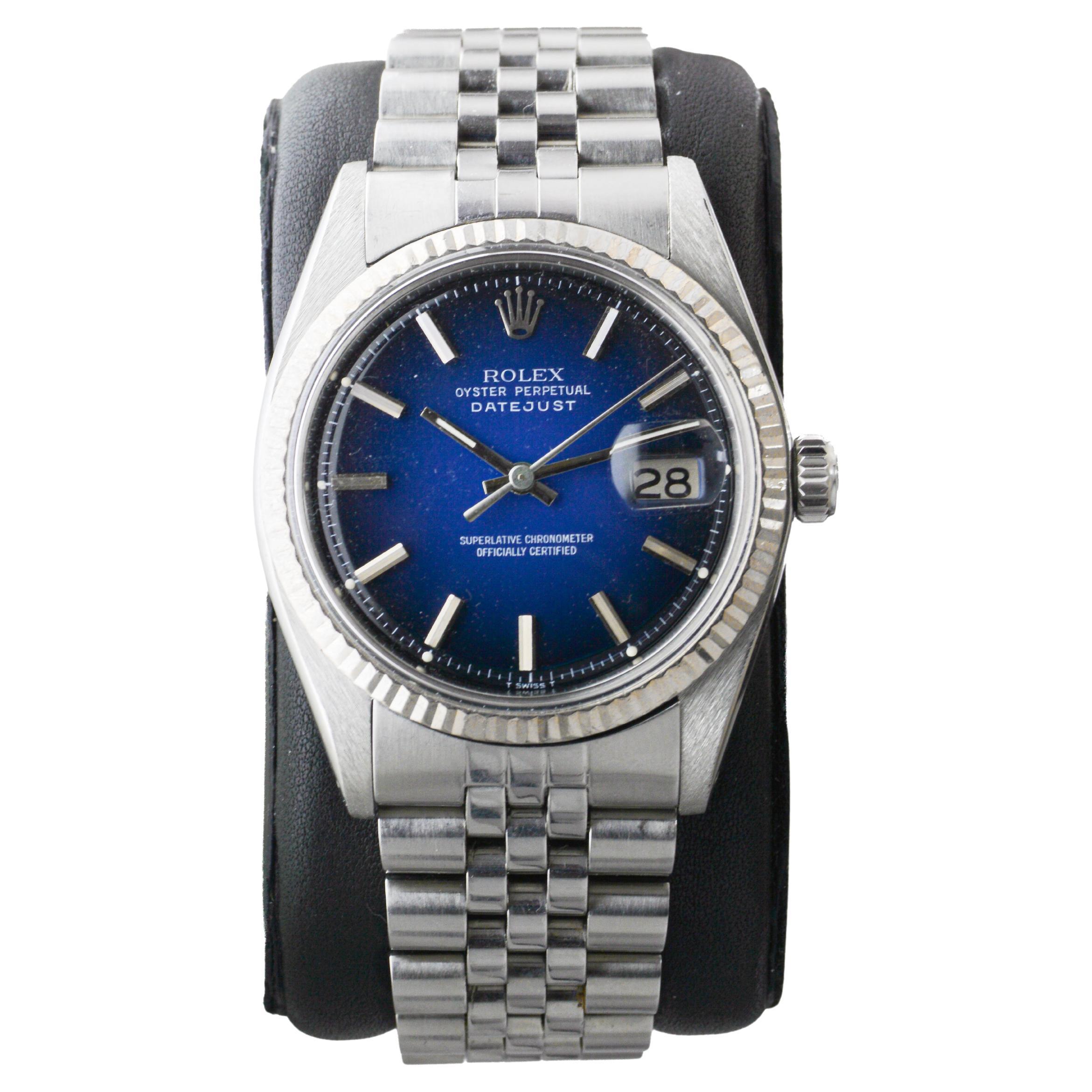 Rolex Edelstahl Datejust mit seltenen blauen Vignette Zifferblatt circa 1970's