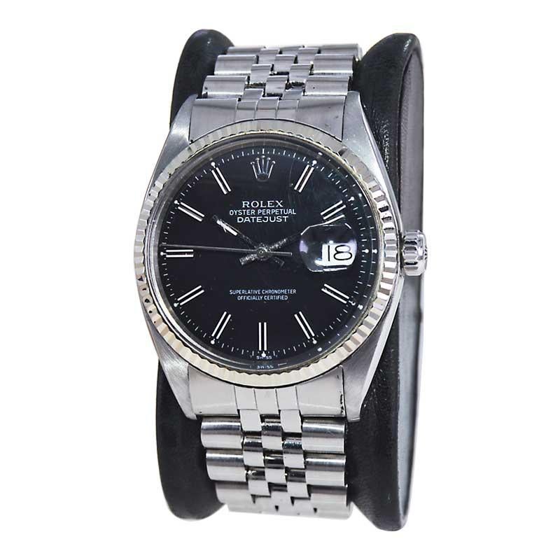 Rolex Edelstahl Datejust mit seltenem schwarzem Original-Zifferblatt aus den frühen 1970er Jahren im Zustand „Hervorragend“ im Angebot in Long Beach, CA