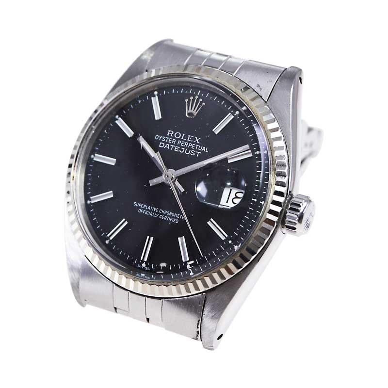 Women's or Men's Rolex Stainless Steel Datejust with Rare Original Black Dial from Early 1970's For Sale