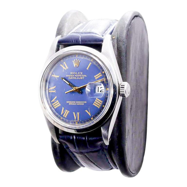 Moderne Rolex Datejust avec cadran original bleu à chiffres romains, années 1970 en vente