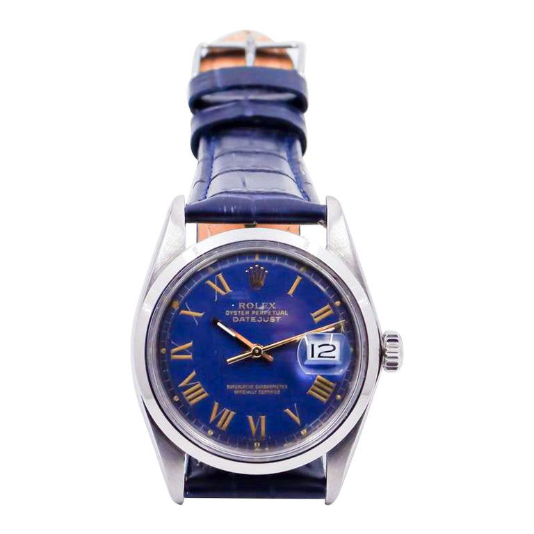 Modern Rolex Stainless Steel Datejust with Rare Original Roman Numeral Blue Dial 1970's For Sale