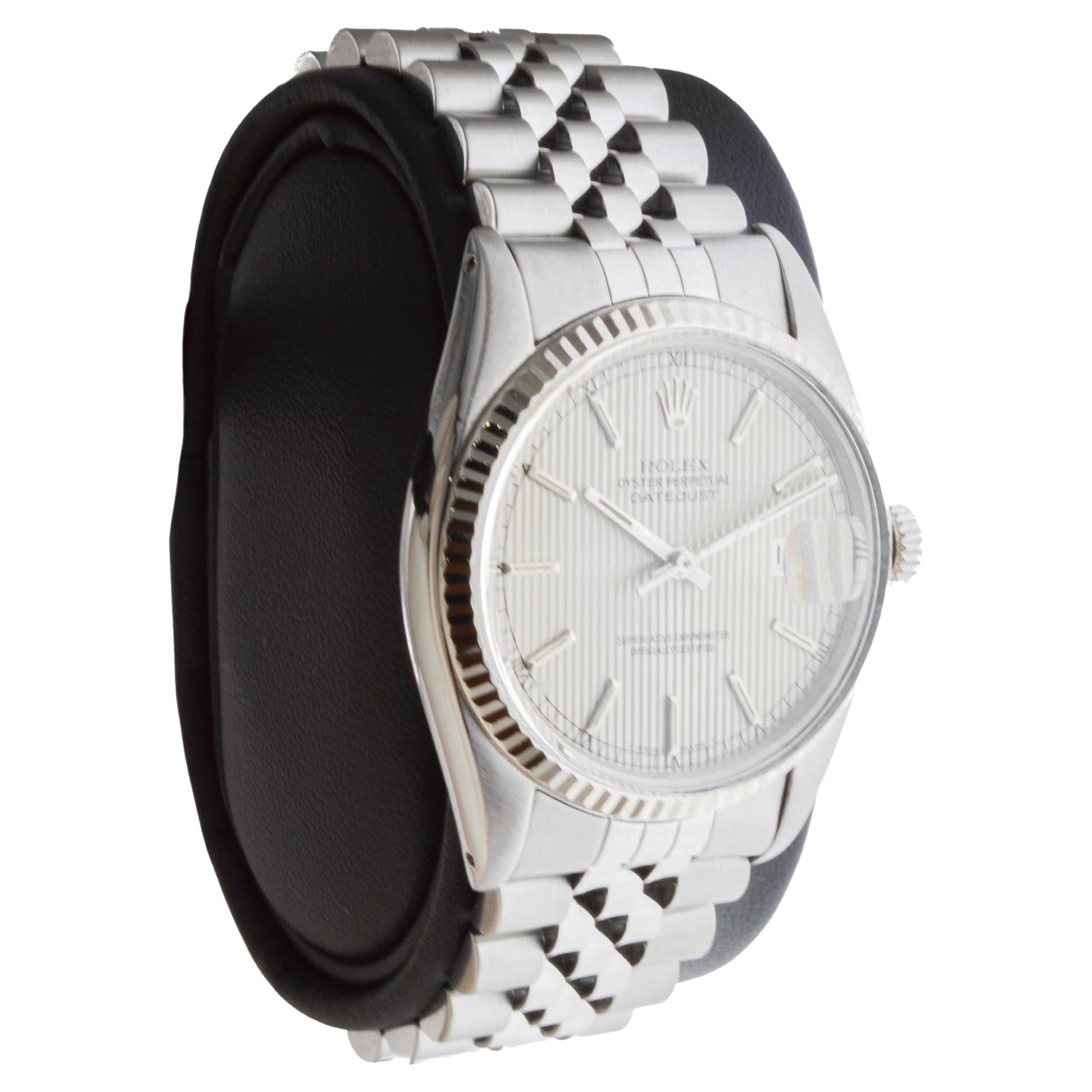 FACTORY / HOUSE: Rolex Watch Company
STYLE / REFERENCE: Oyster Perpetual Datejust / 16000
METAL / MATERIAL: Stainless Steel
CIRCA / YEAR: 1970's
DIMENSIONS / SIZE: Length 44mm X Diameter 36mm
MOVEMENT / CALIBER: Perpetual Winding / 27 Jewels /
