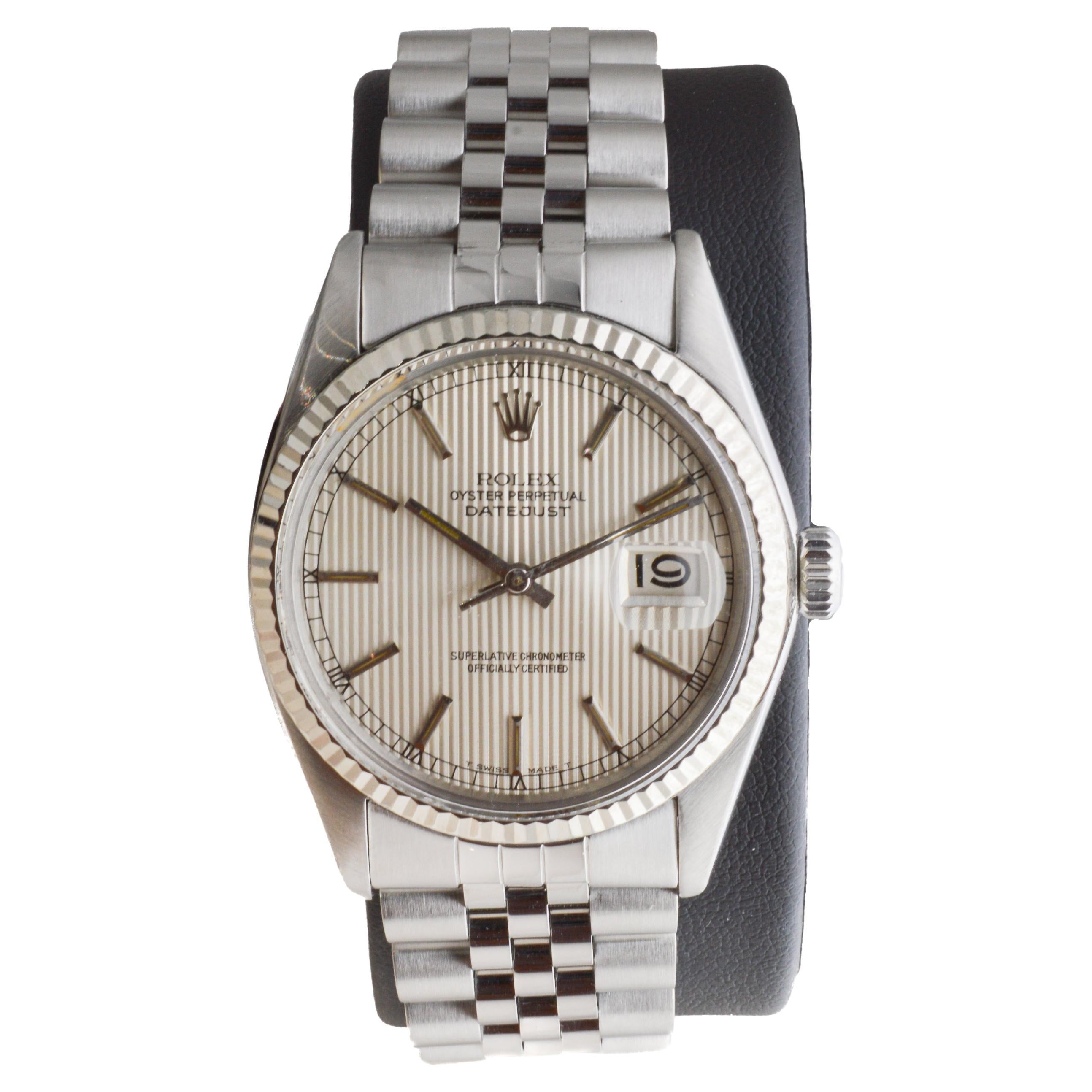 Women's or Men's Rolex Stainless Steel Datejust with Rare Tapestry Dial circa 1970's