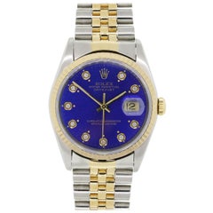 Rolex Stainless Steel Diamond Datejust Blue Dial Automatic Wristwatch Ref 16233