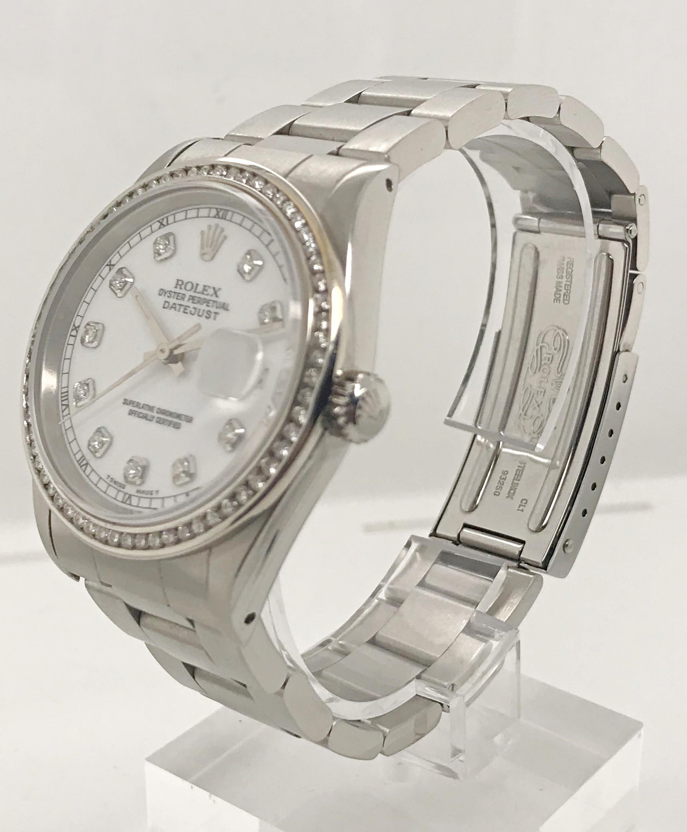 36mm Rolex Datejust with diamond bezel and diamond dial on a Stainless Steel Oysterlink Bracelet from circa 1991. 

Serial Number - X******

Model Number - 16220

This timepiece has been recently serviced and authenticated by a Rolex certified