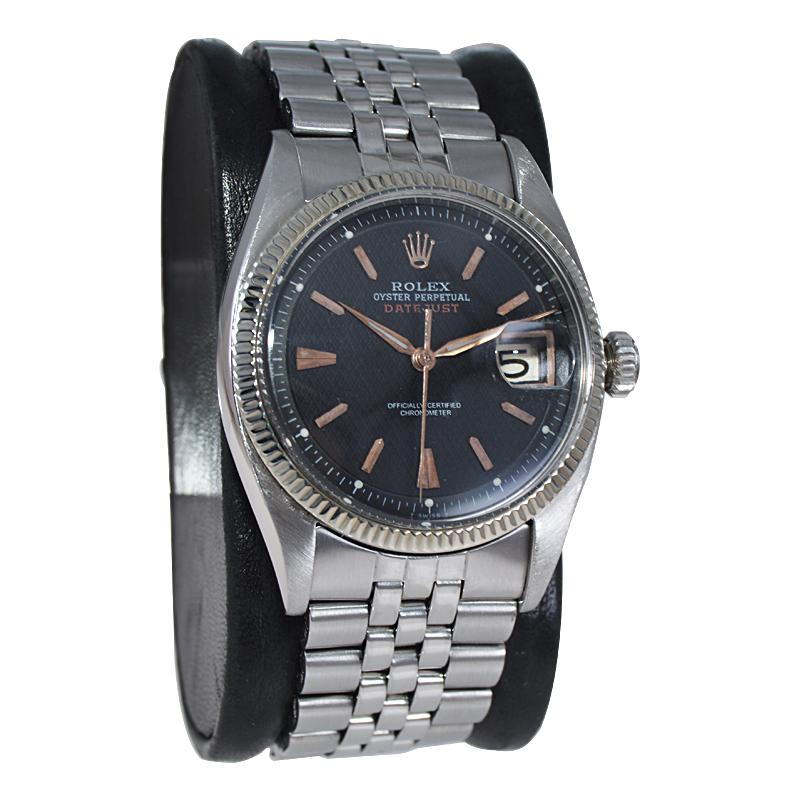 FACTORY / HOUSE: Rolex Watch Company
STYLE / REFERENCE: Oyster Perpetual Datejust / Reference 6305
METAL / MATERIAL: Stainless Steel and White Gold
CIRCA / YEAR: 1953
DIMENSIONS / SIZE: Length 44mm X Width 37mm
MOVEMENT: Perpetual Winding / 26