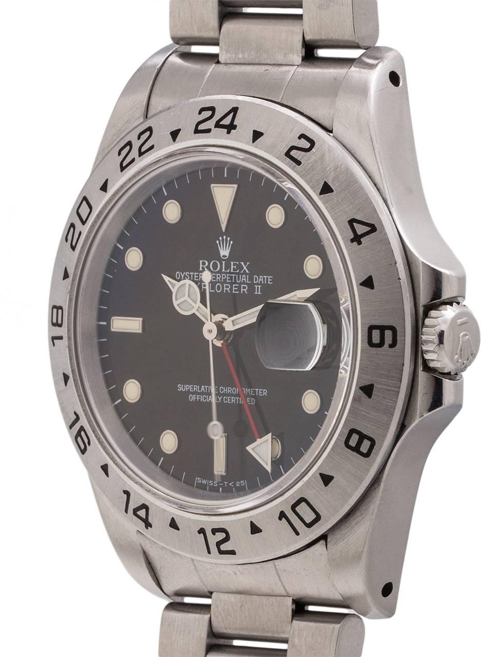 
Rolex Explorer II ref 16750 serial #N circa 1992. 40mm diameter stainless steel case, 24 hour bezel and sapphire crystal. Glossy black dial with patina’d tritium luminous indexes, hands and red 24 hour hand. Dial signed Swiss T