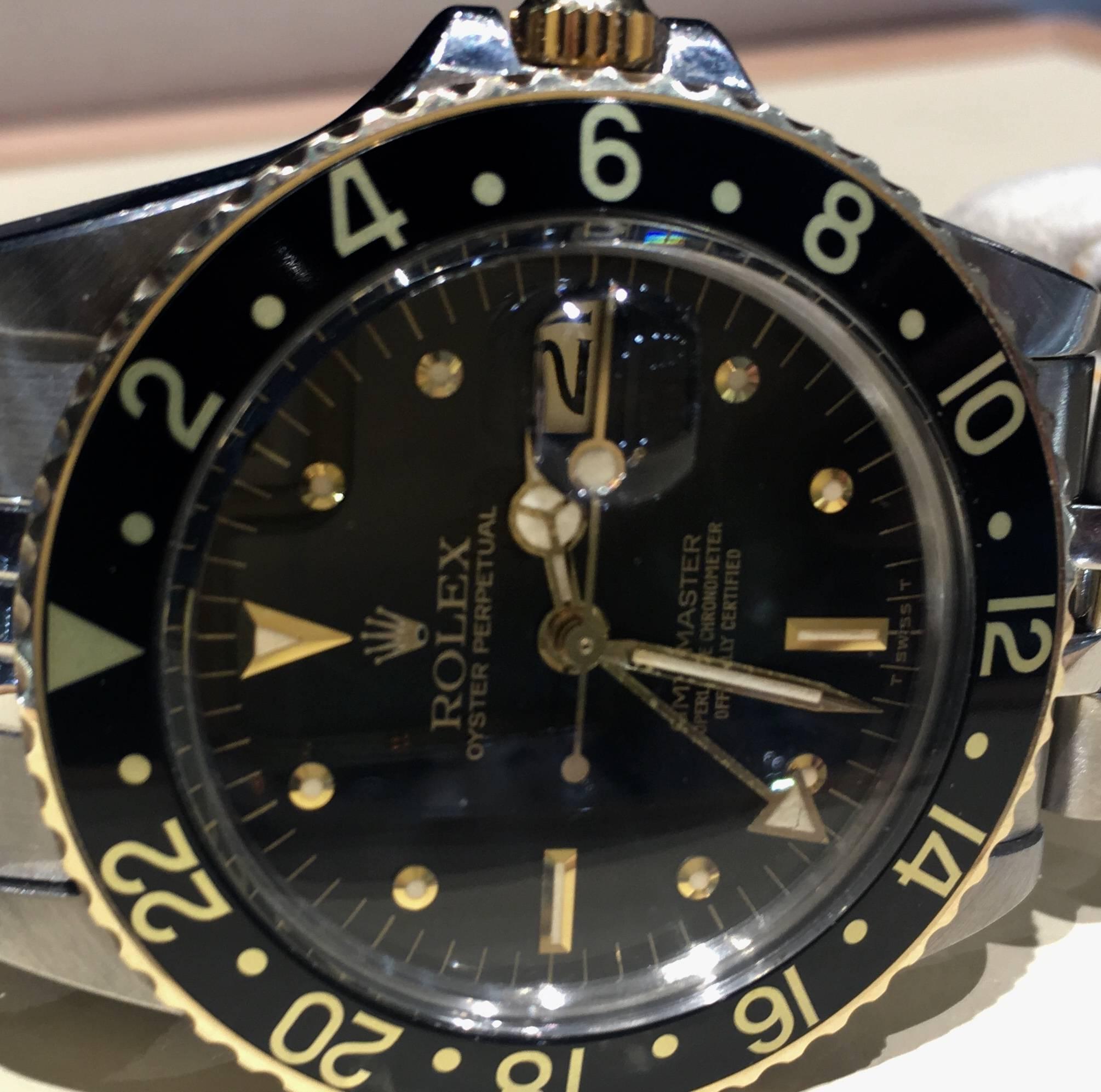 Rolex Stainless Steel GMT Black dial Date Wristwatch Ref 16753, circa 1980 In New Condition In Ottawa, Ontario