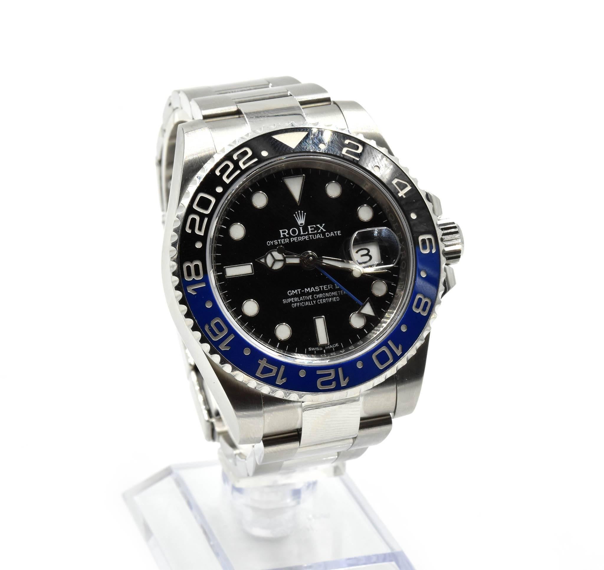 Movement: automatic Rolex caliber 3186 movement

Function: hours, minutes, seconds, date, GMT hand (second time zone)

Case: round 40mm stainless steel case with bi-directional black and blue dive bezel, scratch resistant sapphire crystal,