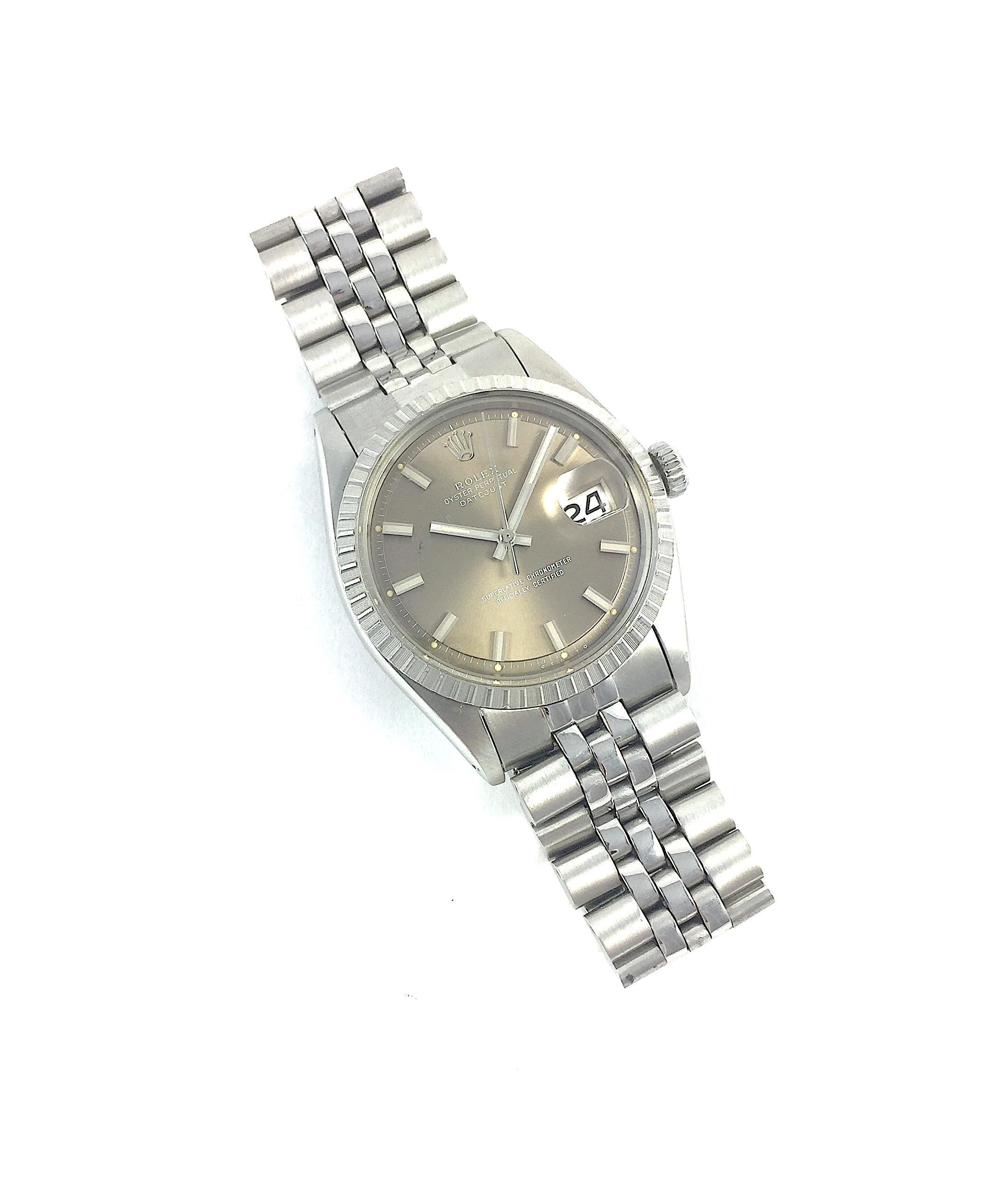 Rolex Stainless Steel Grey Wide Boy Datejust Watch, 1970s In Good Condition In New York, NY