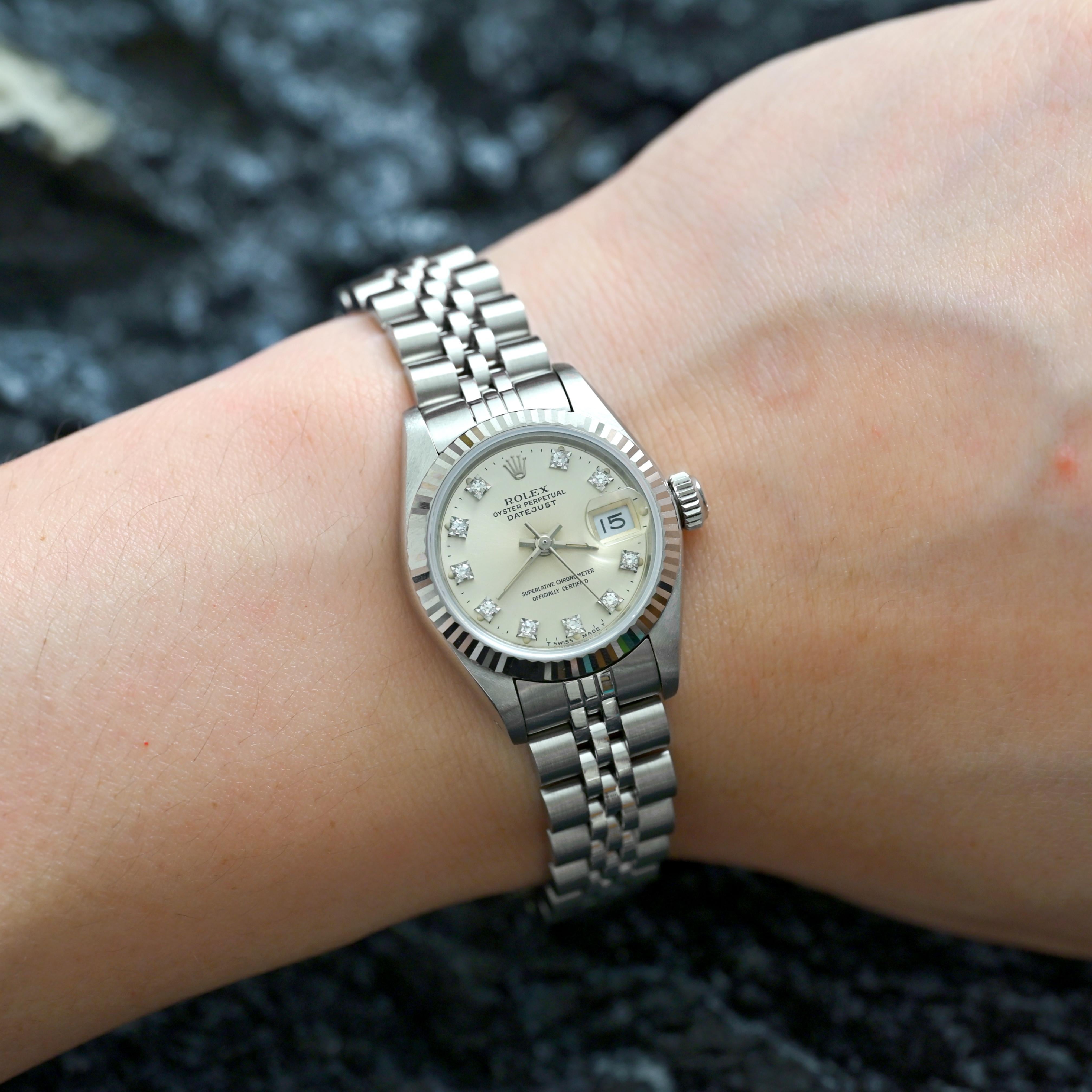 Rolex Acero inoxidable Lady Datejust Esfera plateada Índices de diamantes 69174, 1988 en venta 7