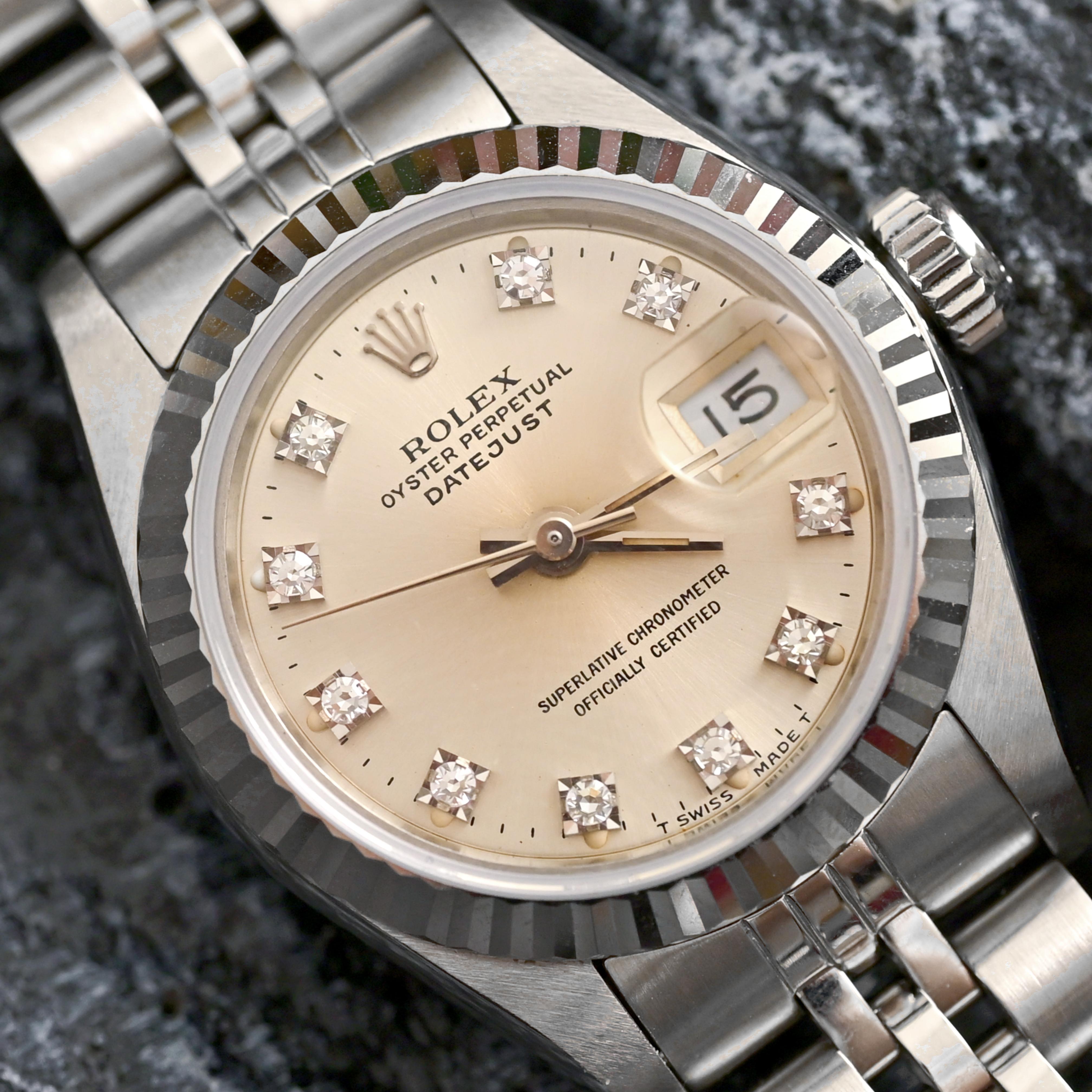Rolex Acero inoxidable Lady Datejust Esfera plateada Índices de diamantes 69174, 1988 en venta 3