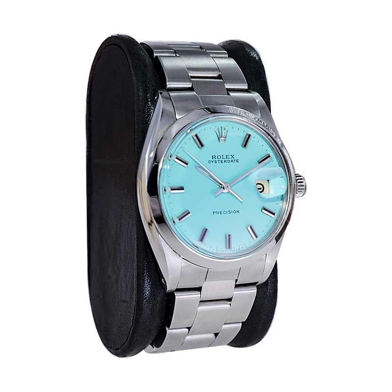 Modern Rolex Stainless Steel Oysterdate with Custom Finished Tiffany Blue Dial, 1970s For Sale