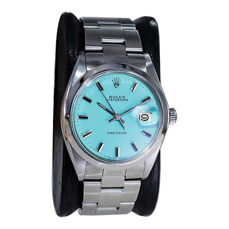Rolex Stainless Steel Oysterdate with Custom Finished Tiffany Blue Dial, 1970s In Excellent Condition For Sale In Long Beach, CA