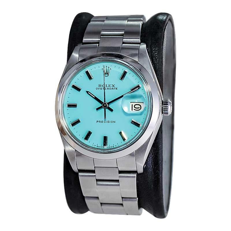 Modernist Rolex Stainless Steel Oyster Date with Custom Finished Tiffany Blue Dial, 1970s