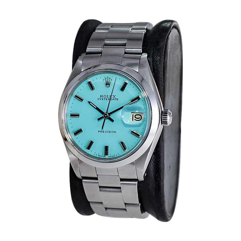 Modernist Rolex Stainless Steel Oyster Date with Custom Finished Tiffany Blue Dial, 1970s