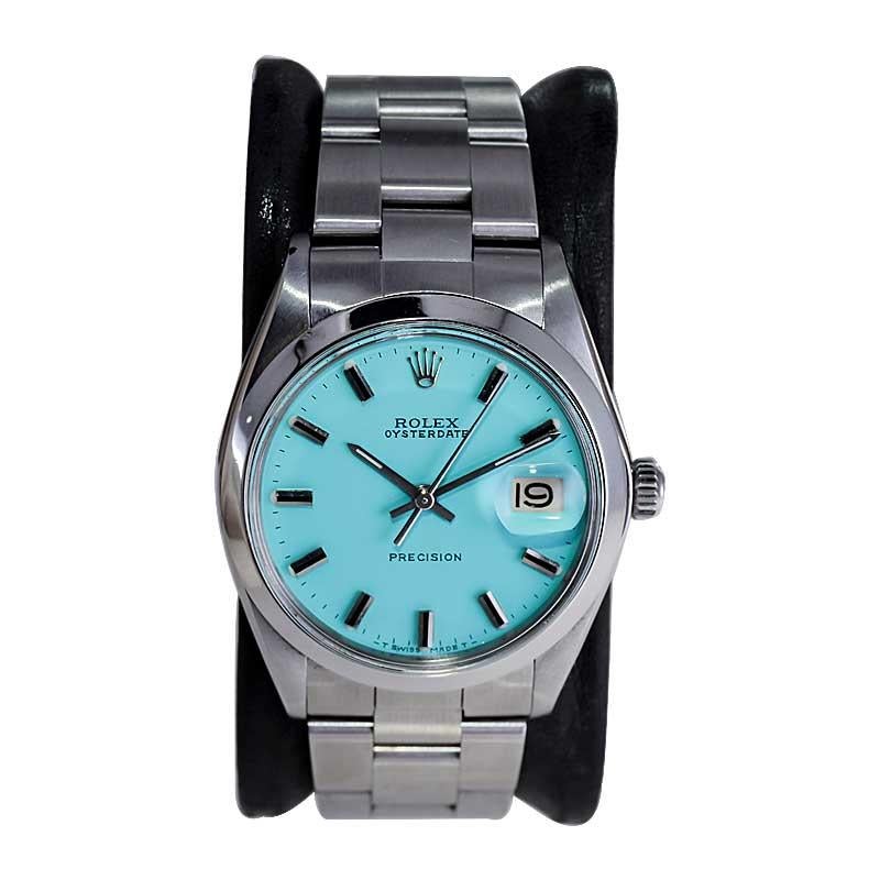 Rolex Stainless Steel Oyster Date with Custom Finished Tiffany Blue Dial 1970's In Excellent Condition In Long Beach, CA