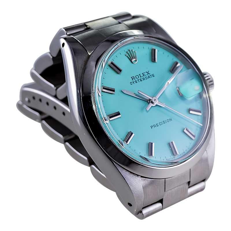 Women's or Men's Rolex Stainless Steel Oyster Date with Custom Finished Tiffany Blue Dial 1970's