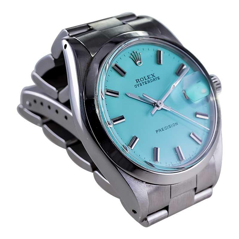 Women's or Men's Rolex Stainless Steel Oyster Date with Custom Finished Tiffany Blue Dial, 1970s