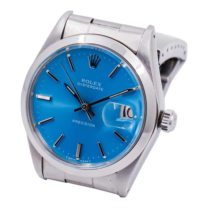 Women's or Men's Rolex Stainless Steel Oyster Date with Unique Custom Ice Blue Dial, 1970's