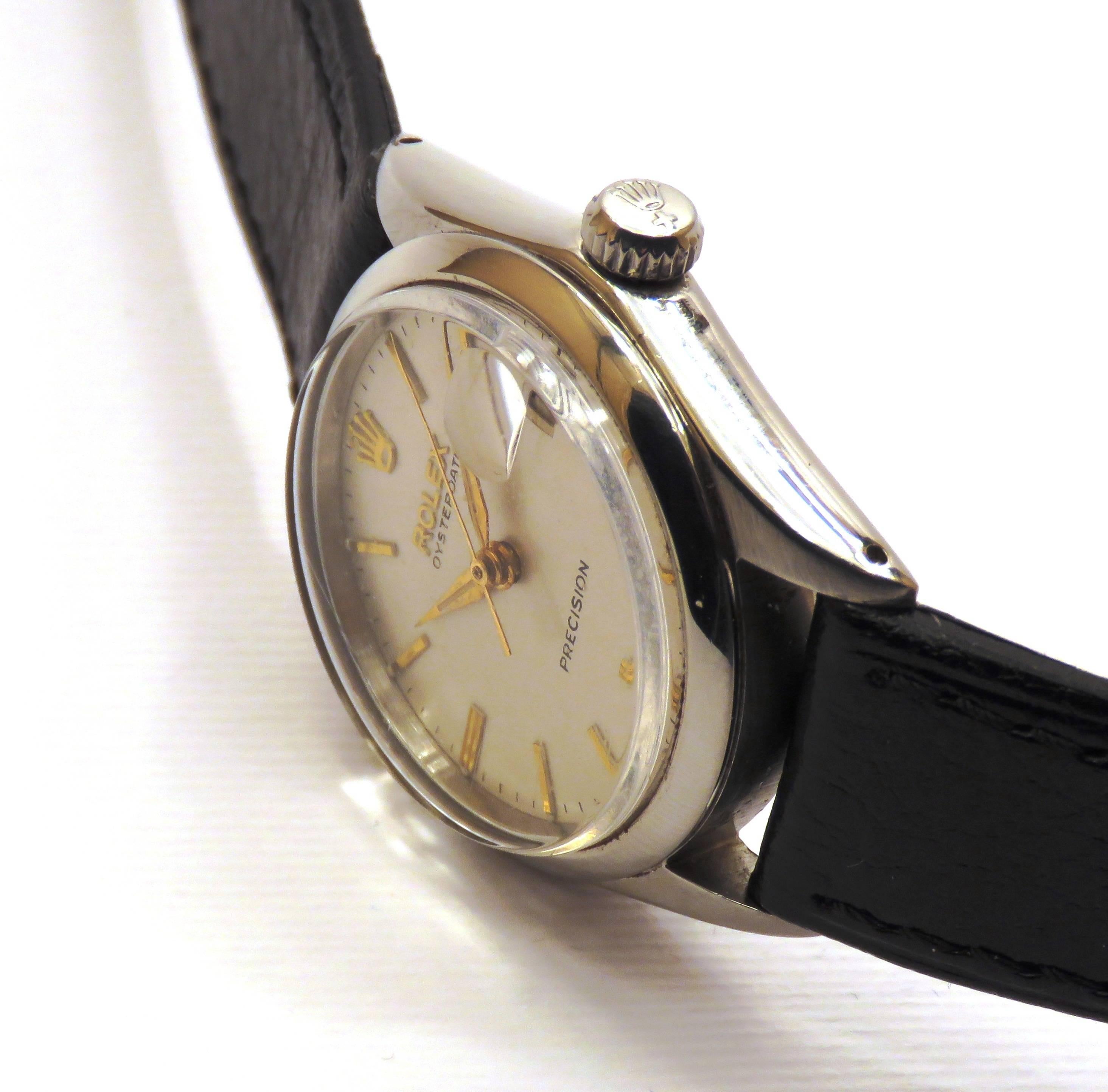 Rolex Stainless Steel Oyster Date Wristwatch Ref 6430 circa 1969
Movement: Manual winding / Case material: Steel
Bracelet material: Leather / Bracelet color: Black
Glass: Plexiglass / Dial: White /Case diameter: 30 mm
A very nice Rolex in excellent