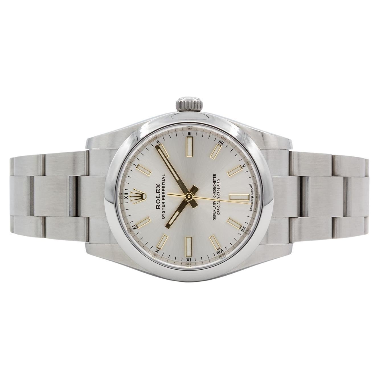 Rolex Oyster Perpetual 34mm in acciaio inossidabile con quadrante a bastoni Silver 124200 in vendita