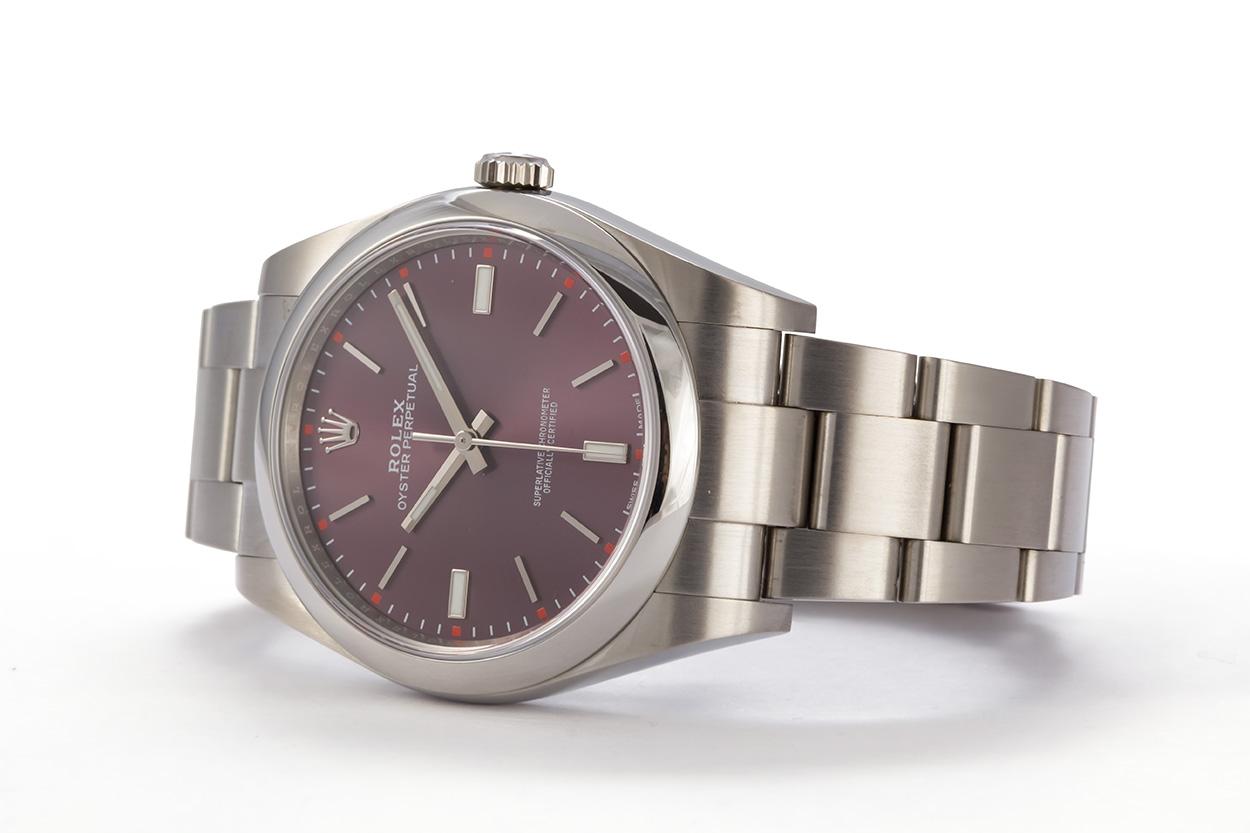 Contemporary Rolex Stainless Steel Oyster Perpetual 39 Red Grape 114300 Men's Watch