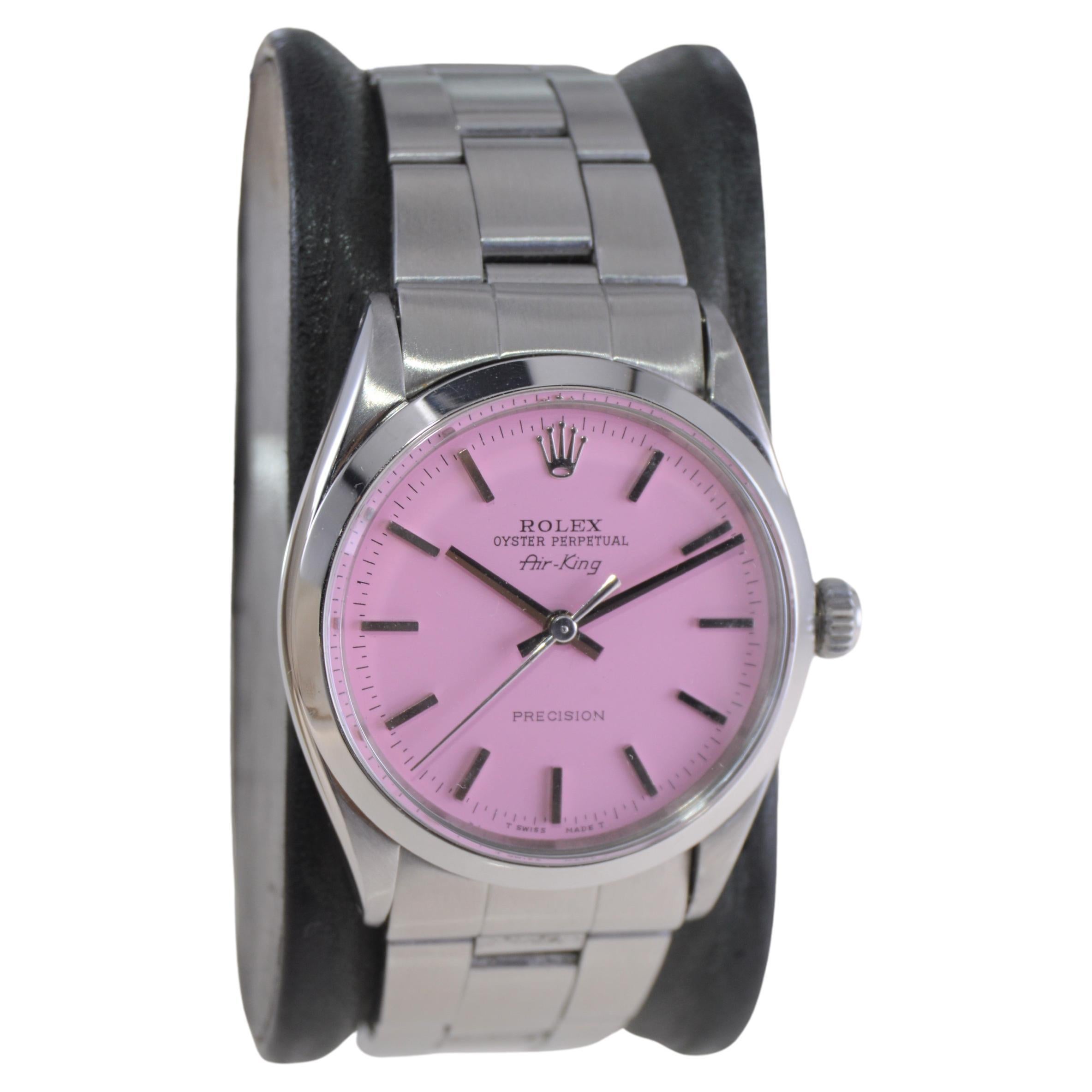 Rolex Stainless Steel Oyster Perpetual Air-King with Custom Pink Dial 1960s In Excellent Condition For Sale In Long Beach, CA