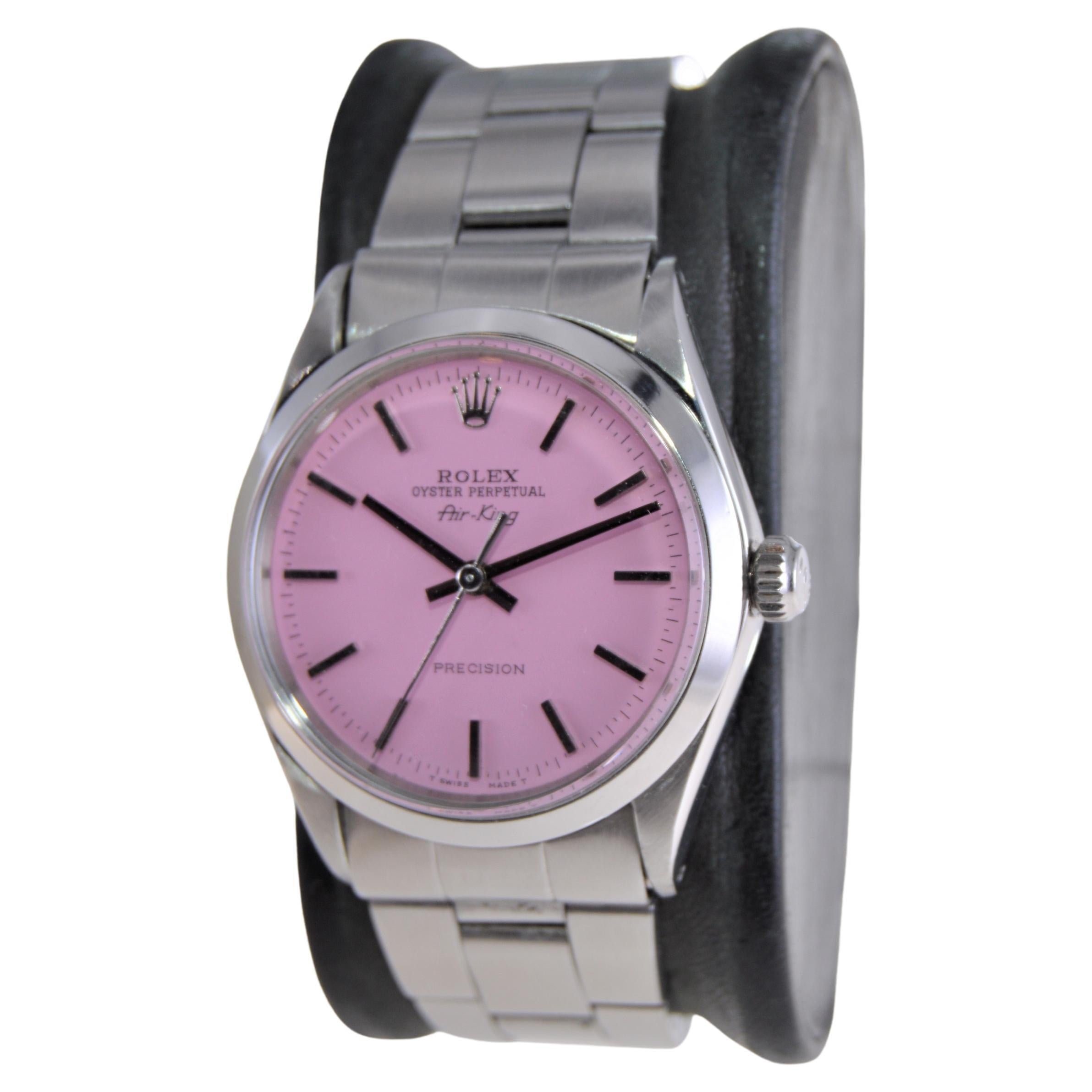 Women's or Men's Rolex Stainless Steel Oyster Perpetual Air-King with Custom Pink Dial 1960s For Sale
