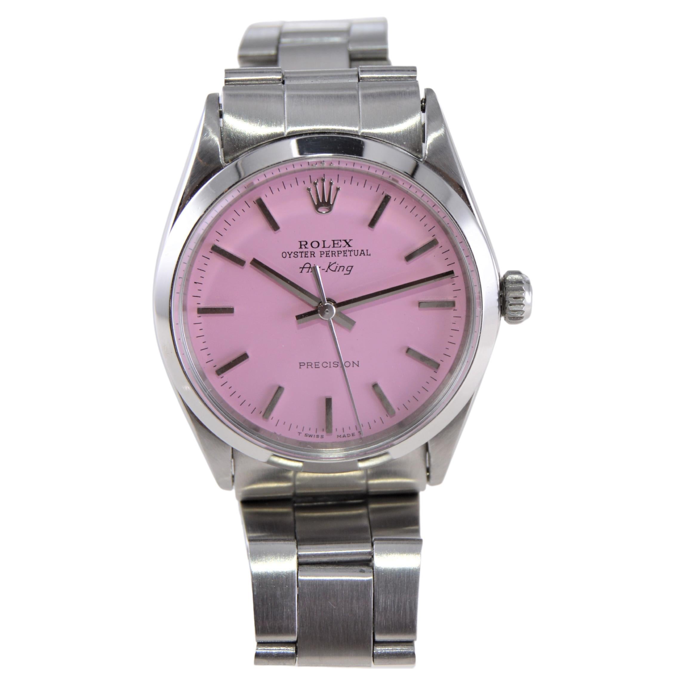 Rolex Stainless Steel Oyster Perpetual Air-King with Custom Pink Dial 1960s In Excellent Condition In Long Beach, CA