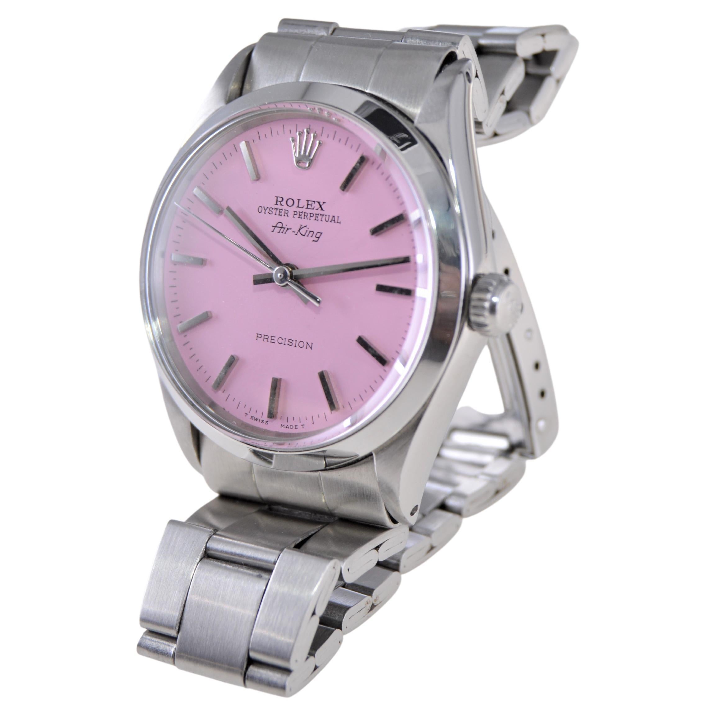 Women's or Men's Rolex Stainless Steel Oyster Perpetual Air-King with Custom Pink Dial 1960s