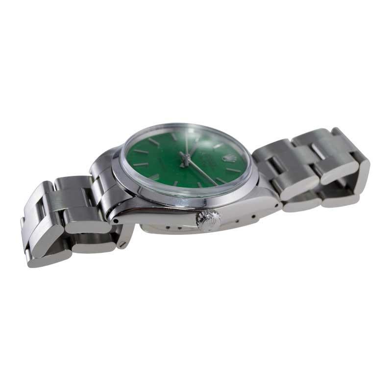 Rolex Edelstahl Oyster Perpetual Air King mit maßgefertigtem grünem Zifferblatt 1960er Jahre im Angebot 4