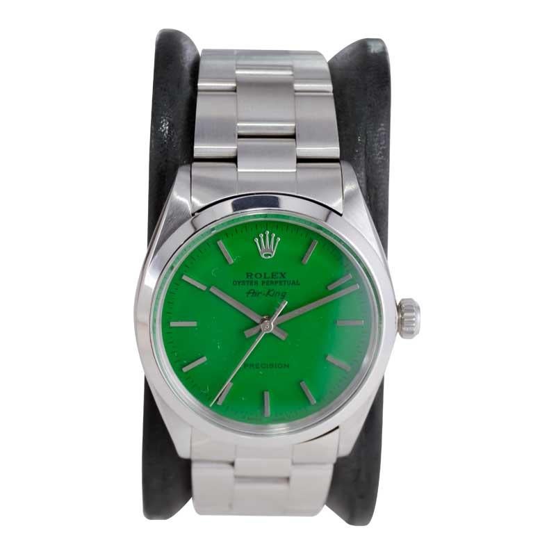 Rolex Oyster Perpetual Air King en acier inoxydable avec cadran vert personnalisé, années 1960 Excellent état - En vente à Long Beach, CA