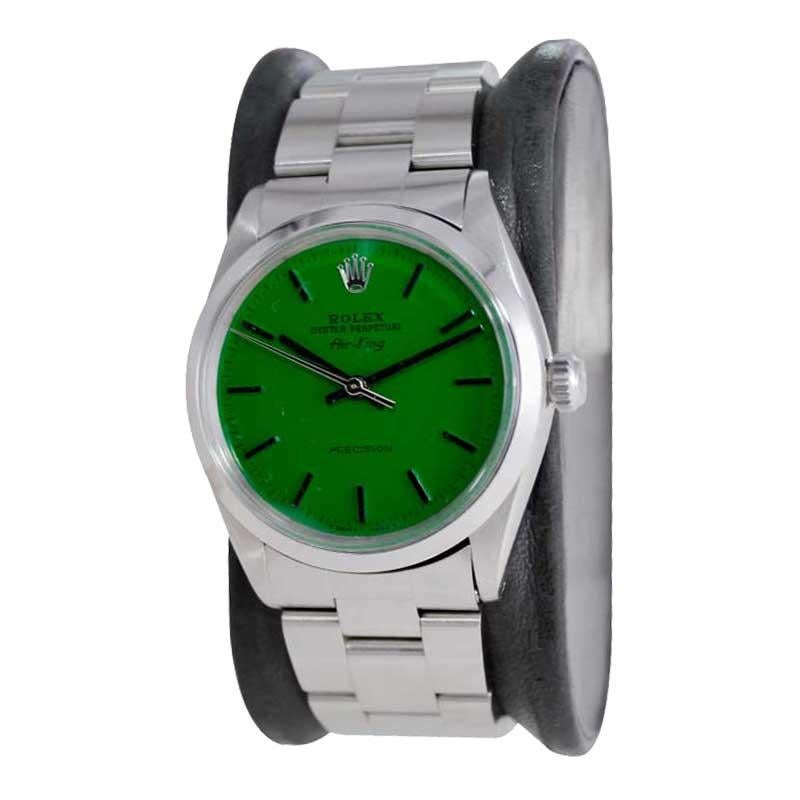 Rolex Edelstahl Oyster Perpetual Air King mit maßgefertigtem grünem Zifferblatt 1960er Jahre im Zustand „Hervorragend“ im Angebot in Long Beach, CA