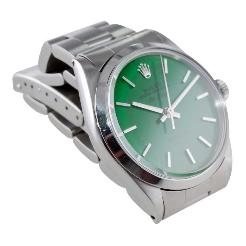 Modernist Rolex Stainless Steel Oyster Perpetual Air King with Custom Green Dial 1960's For Sale