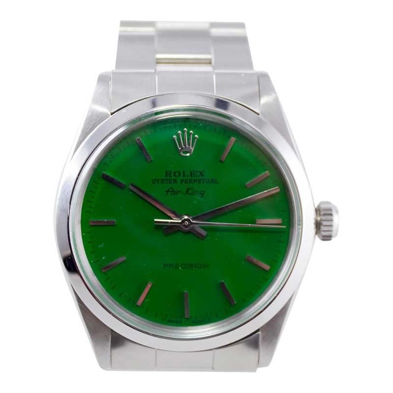 Rolex Stainless Steel Oyster Perpetual Air King with Custom Green Dial 1960's In Excellent Condition For Sale In Long Beach, CA