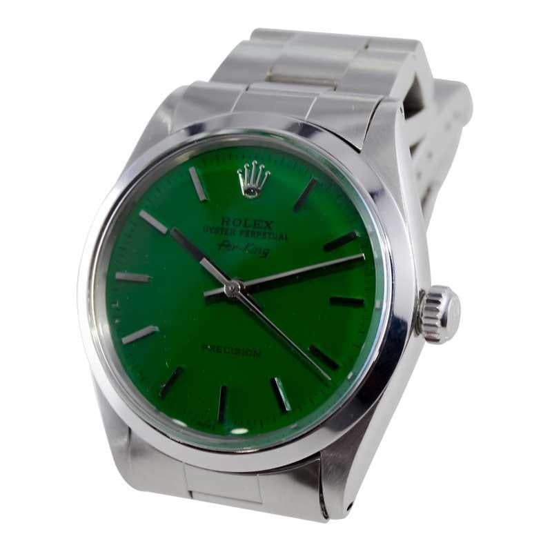 Rolex Edelstahl Oyster Perpetual Air King mit maßgefertigtem grünem Zifferblatt 1960er Jahre im Angebot 3