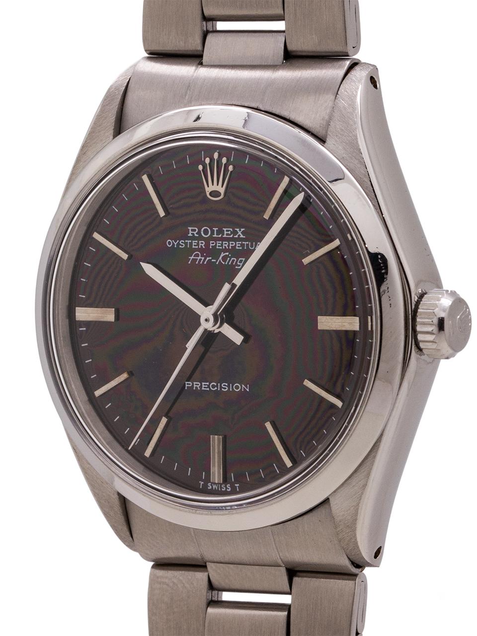 
Rolex Oyster Perpetual Airking ref 5500 stainless steel serial # 3.2 million circa 1972. 34mm diameter case with smooth bezel and acrylic crystal. Gloss black original dial with applied silver indexes and silver baton hands. Powered by self winding