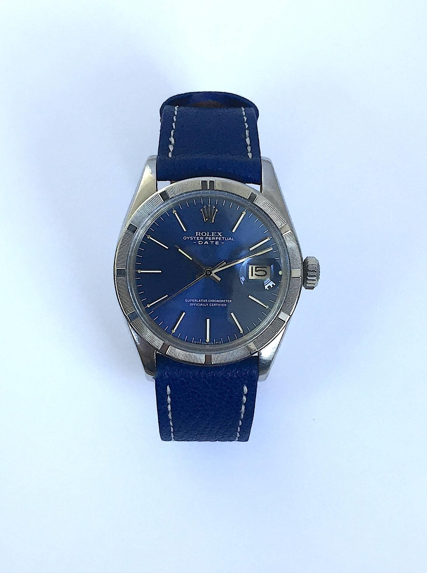 Rolex Stainless Steel Oyster Perpetual Date Watch
Factory  Blue Stick OT Swiss TO Sigma Dial with White Gold Applied Hour Markers
Stainless Steel Engine Turned Bezel
Stainless Steel Case
34mm in size 
Features Rolex Automatic Movement with Calibre