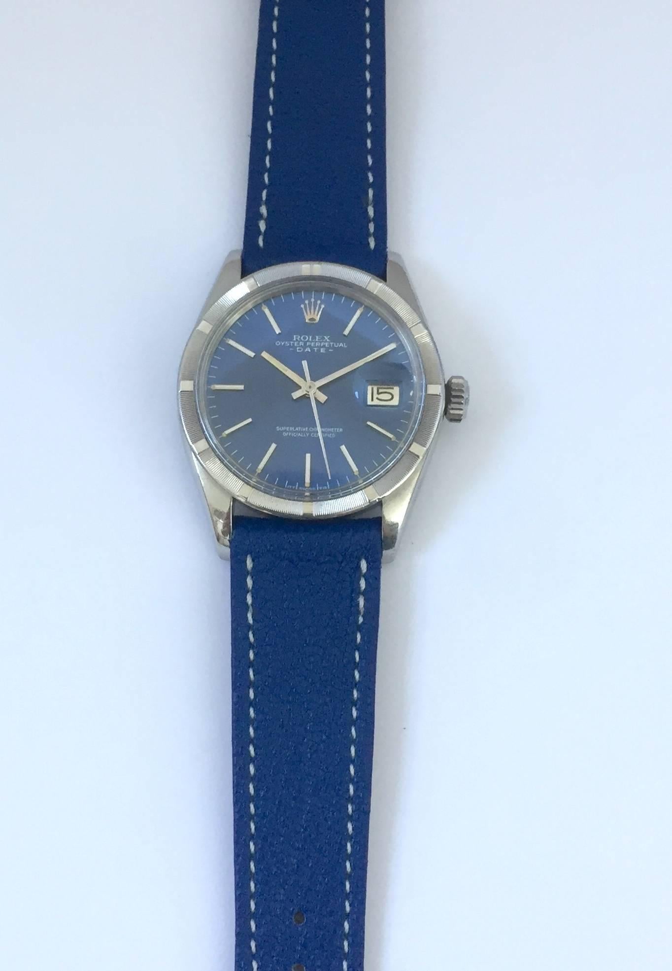 Rolex Stainless Steel Oyster Perpetual Blue Dial Automatic Wristwatch, 1970s In Excellent Condition For Sale In New York, NY