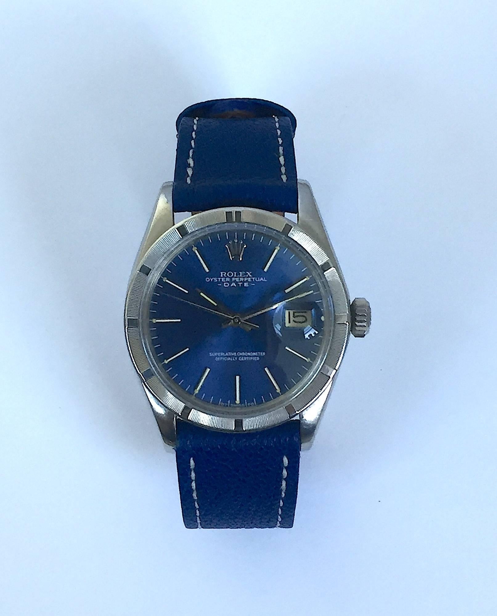 Rolex Stainless Steel Oyster Perpetual Blue Dial Automatic Wristwatch, 1970s For Sale 2