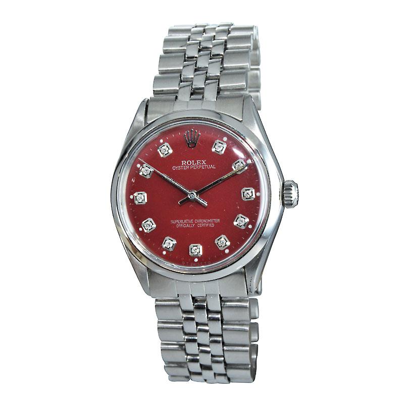 FACTORY / HOUSE: Rolex Watch Co.
STYLE / REFERENCE: Oyster Perpetual Reference 5500
METAL / MATERIAL: Stainless Steel
CIRCA / YEAR: 1970's
DIMENSIONS / SIZE: Length 40mm x Diameter 34mm
MOVEMENT / CALIBER: Perpetual / 26 Jewels 
DIAL / HANDS: Custom