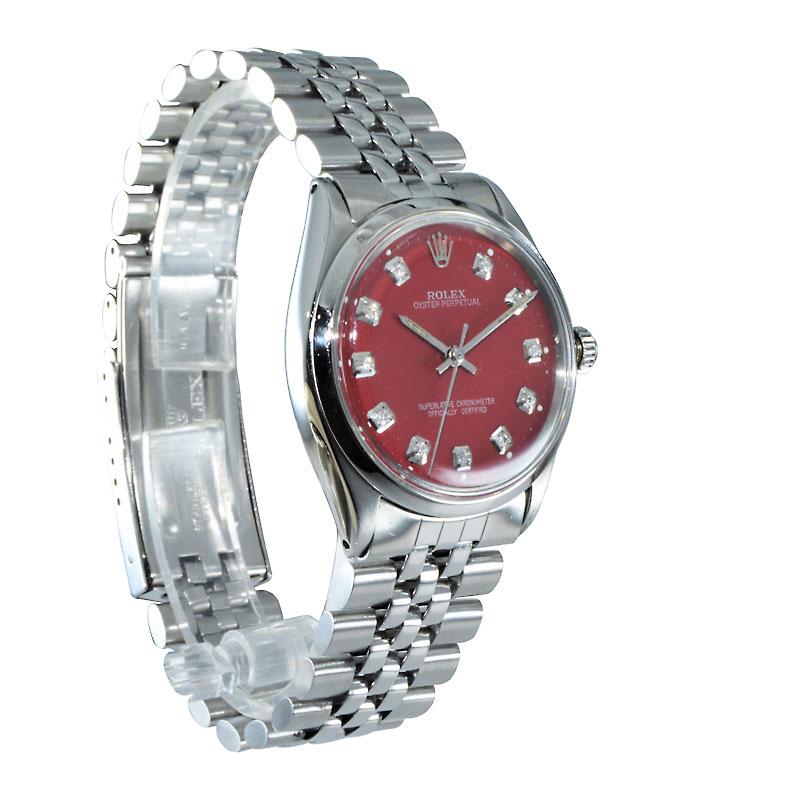 Rolex Stainless Steel Oyster Perpetual Custom Red Diamond Dial, circa 1970s In Excellent Condition For Sale In Long Beach, CA