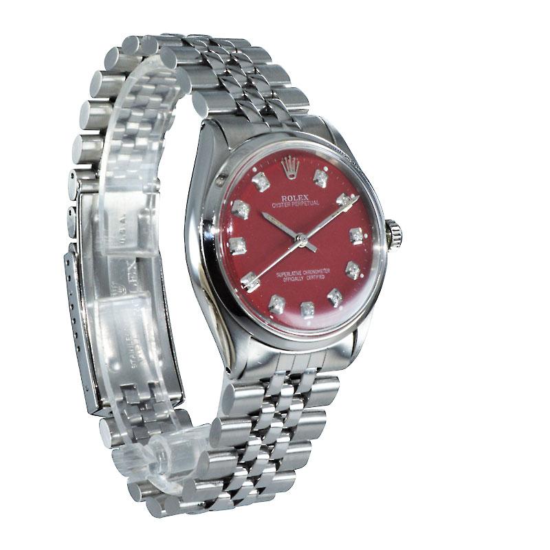 Women's or Men's Rolex Stainless Steel Oyster Perpetual Custom Red Diamond Dial, circa 1970s For Sale