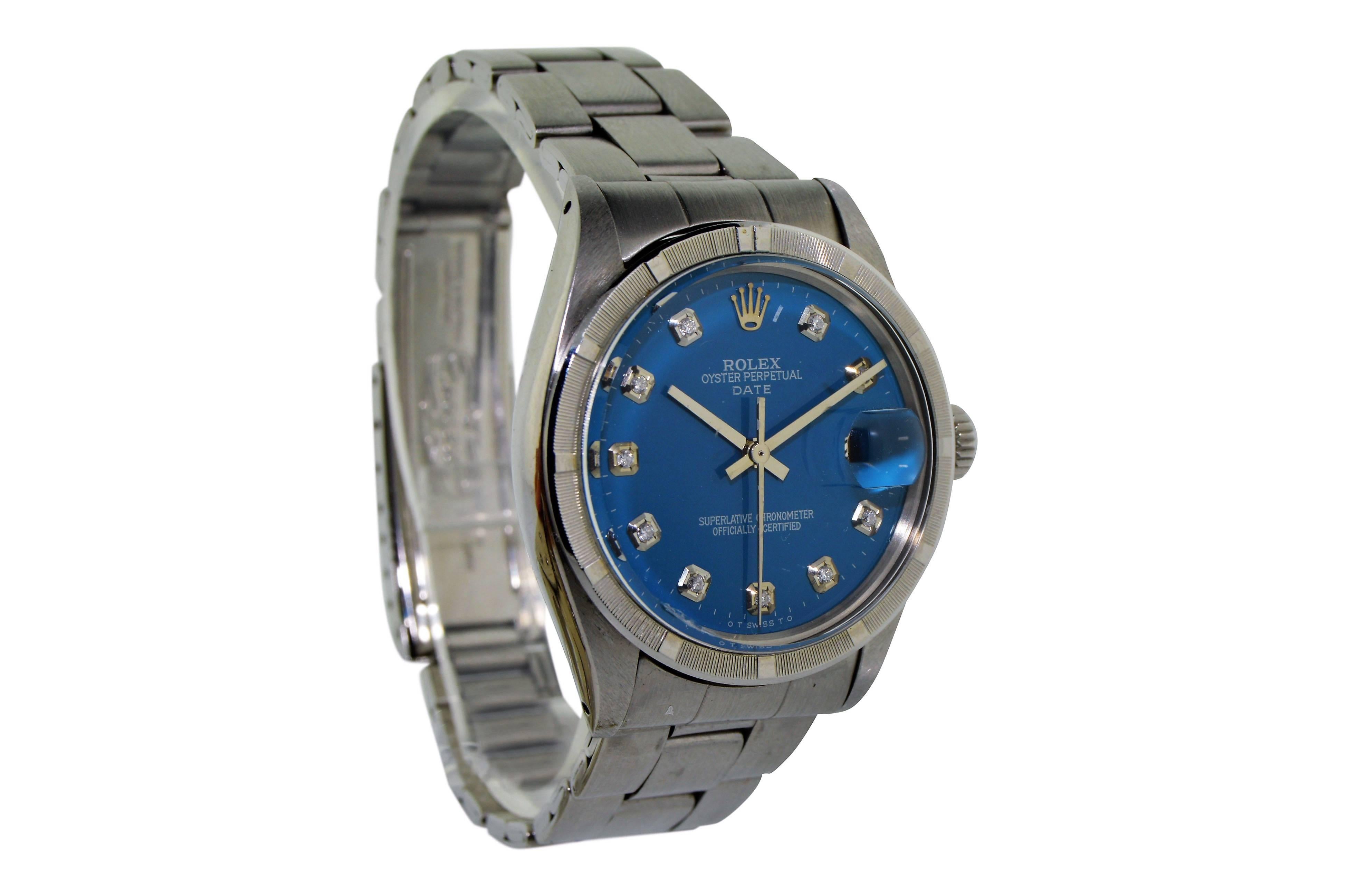 FACTORY / HOUSE: Rolex Watch Company
STYLE / REFERENCE: 1501 / Oyster Perpetual Date
CIRCA: 1970's
MOVEMENT / CALIBER: 26 Jewels / 1570
DIAL / HANDS: Blue Diamond Dial / Baton Hands
DIMENSIONS: 39mm X 35mm
ATTACHMENT / LENGTH:  19mm Steel Oyster