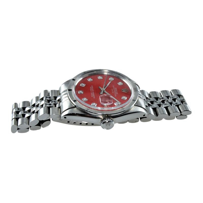 Modern Rolex Stainless Steel Oyster Perpetual Date Red Custom Diamond Dial 1970s
