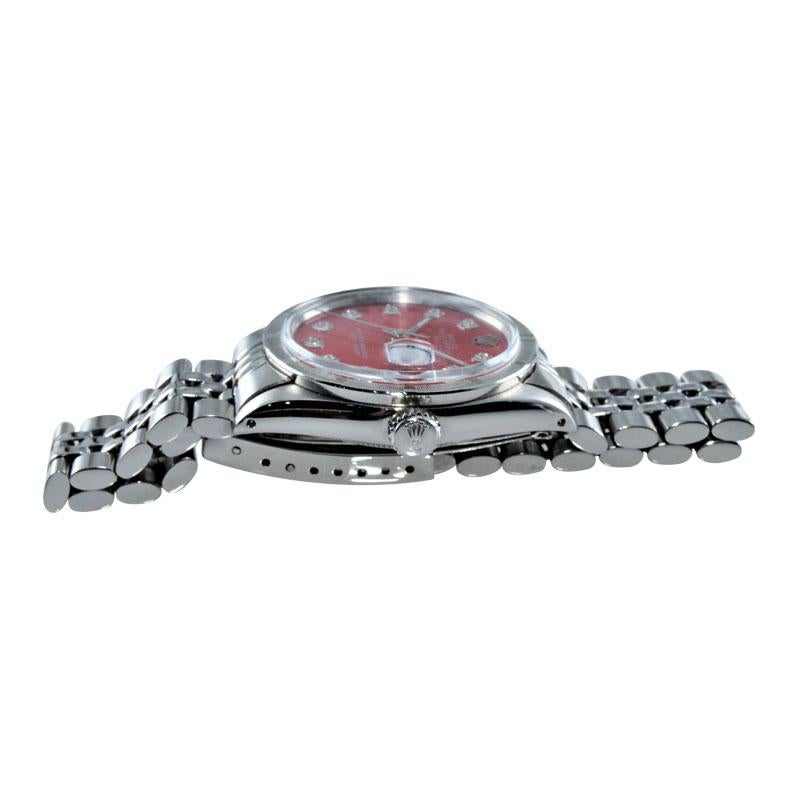 Round Cut Rolex Stainless Steel Oyster Perpetual Date Red Custom Diamond Dial 1970s