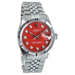 Vintage Rolex Stainless Steel Oyster Perpetual Date Red Custom Diamond Dial 1970s